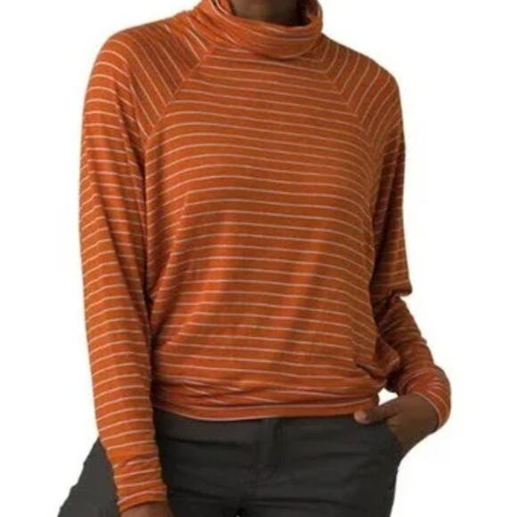 NEW prAna Sol Protect UPF Shirt Long Sleeve Turtleneck Orange Stripe Size XL NWT - Picture 4 of 6